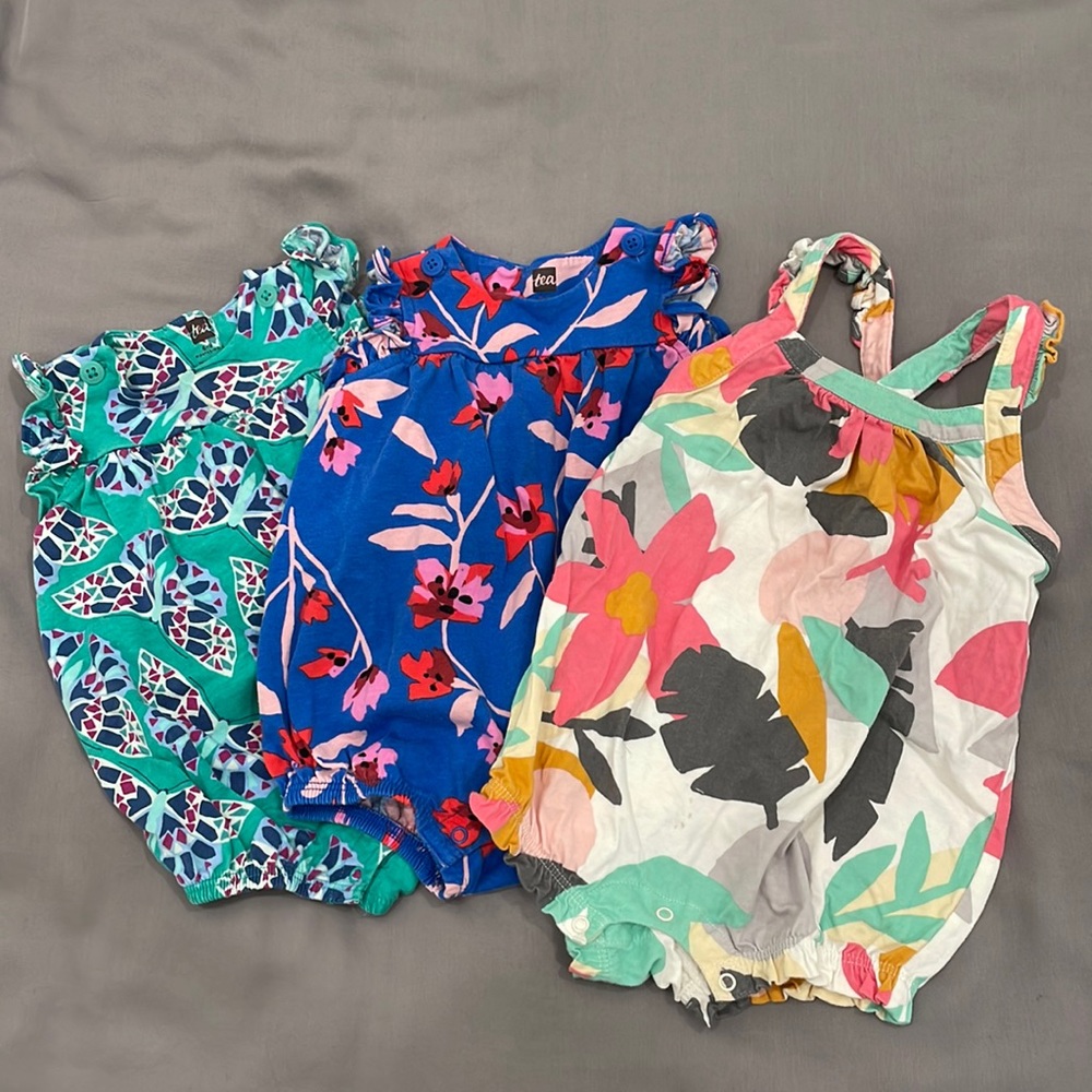 Set of three Tea Collection rompers. Excellent condition. 6-9months